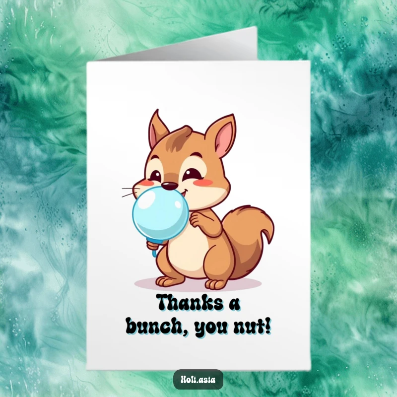 Funny Free Printable Thank You Card showcasing a squirrel with a water balloon, cheekily expressing gratitude with a playful grin.