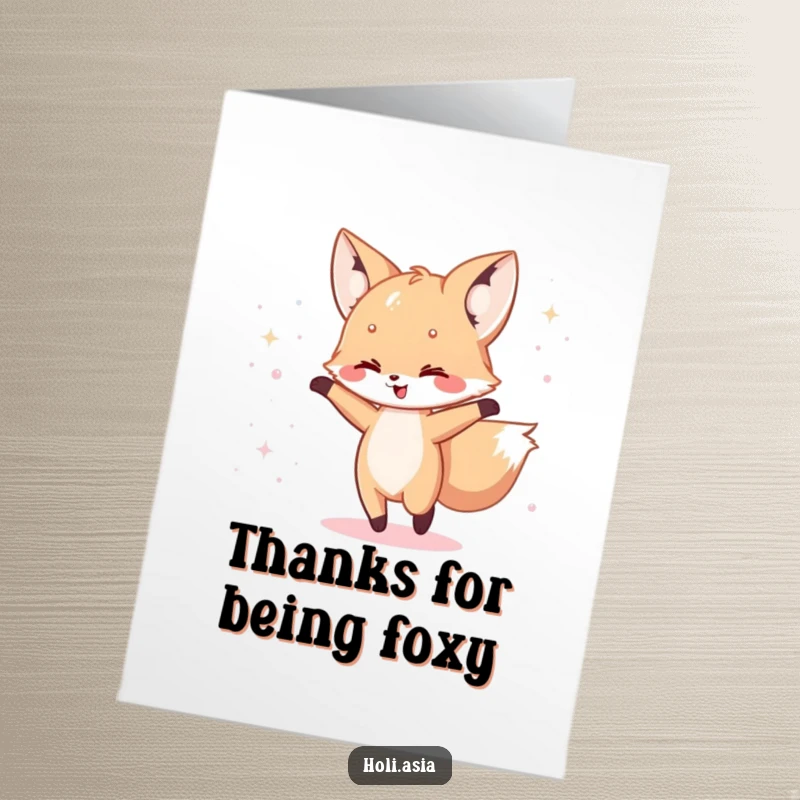 Funny Free Printable Thank You Card: A happy fox cub dances with iridescent powder scattering around it, sending thanks.