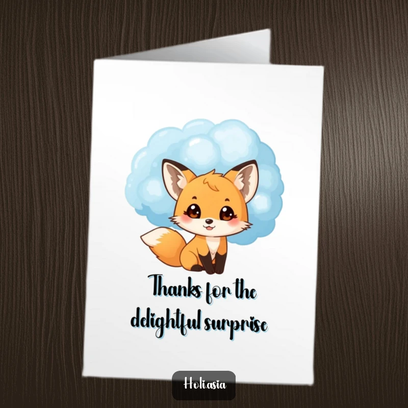 Funny Free Printable Thank You Card of a small fox cub peeking from a large blue powder cloud delightfully.