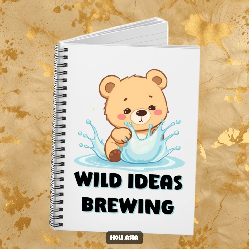Funny Notebook: A curious bear cub playfully dodges a splash of bright liquid, perfect for jotting down witty ideas.
