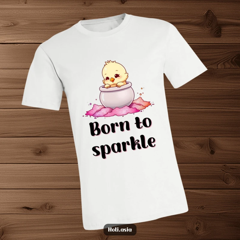 Funny T-Shirt: A fluffy chick playfully taps a large, shimmering pot of colored powder, exploring with cute curiosity.
