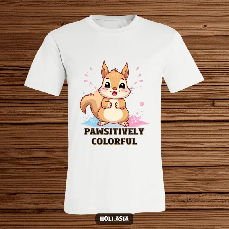 Funny T-Shirt: A cheerful squirrel joyfully throws streams of vibrant powder from its paws in a playful, colorful display.