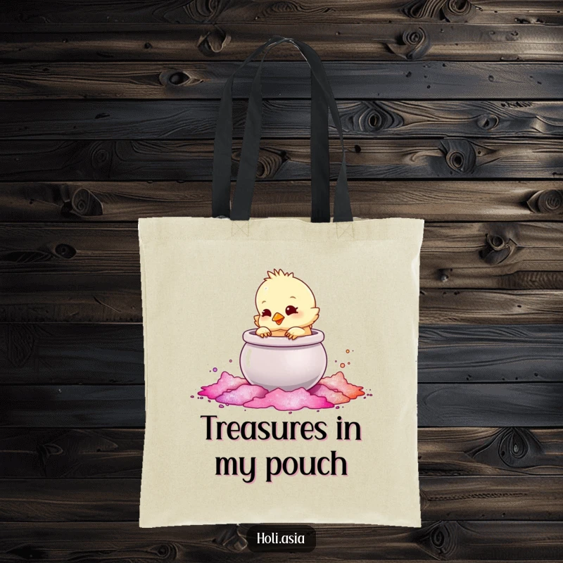 Funny Tote Bag: A fluffy chick playfully taps a large, shimmering pot of colored powder, creating a delightful, colorful moment.