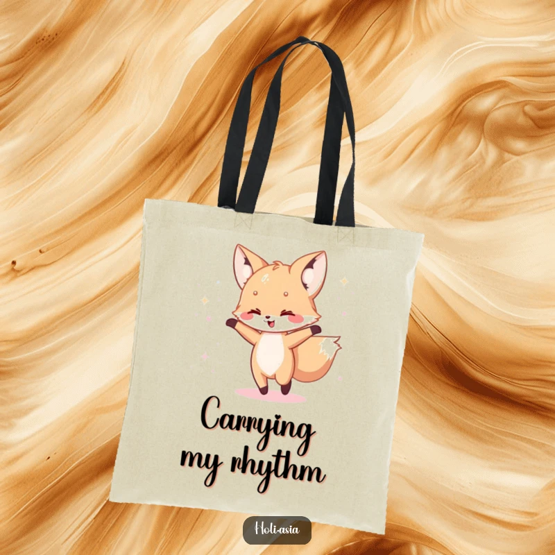 Funny Tote Bag: A happy fox cub dances joyfully with a scattering of iridescent powder swirling around it in a cute display.