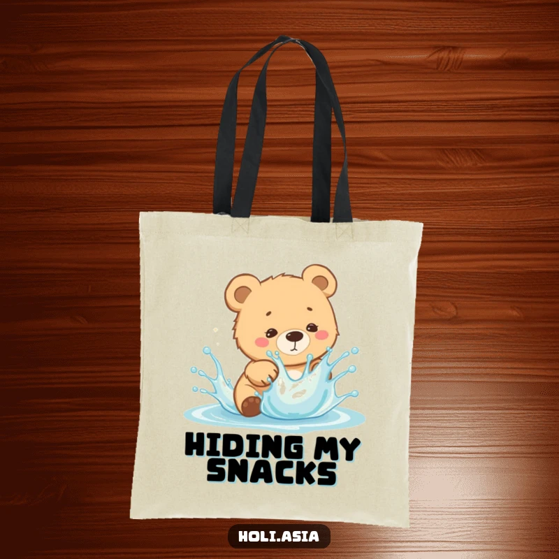 Funny Tote Bag: A curious bear cub playfully dodges a splash of bright liquid, keeping things fun and mess-free.
